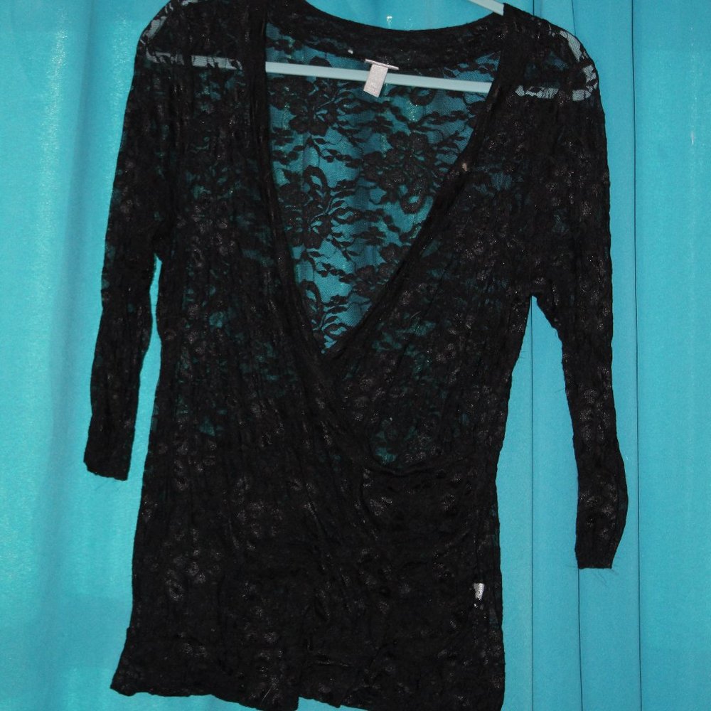 XL See-Through Floral Long Sleeve Black Shirt